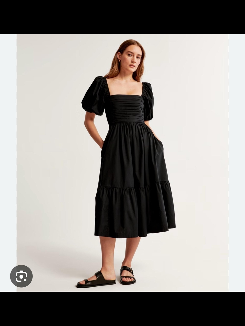 Abercrombie Emerson Square Neck Puff Sleeve Midi Dress in Black